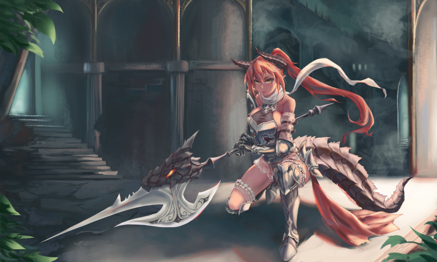 1girl arm_belt armor armored_boots axe bare_shoulders boots breastplate breasts chiwa_(tsugumisky) dragon_girl dragon_horns dragon_tail frills gauntlets hair_between_eyes highres holding horns leg_garter long_hair medium_breasts one_knee original parted_lips pointy_ears polearm ponytail scarf shadow solo spear tail very_long_hair weapon white_scarf yellow_eyes