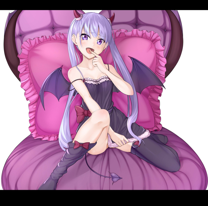 1girl :d black_legwear blue_hair blush breasts fang highres horns long_hair looking_at_viewer new_game! open_mouth pillow shin'ya_mahiru sitting sleeveless smile solo suzukaze_aoba tail thigh-highs twintails violet_eyes wings