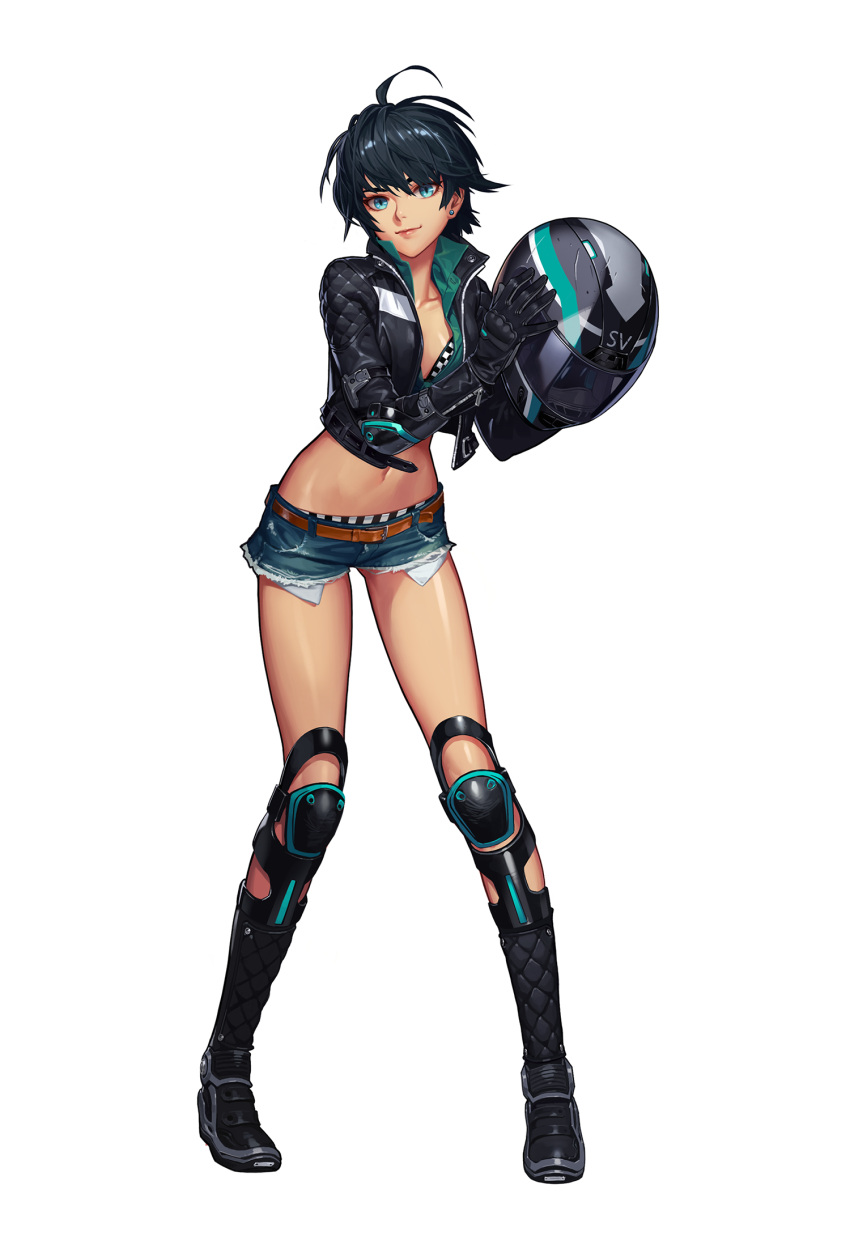 1girl belt black_hair black_survival blue_eyes cropped_jacket cutoffs earrings full_body gloves helmet highres jacket jewelry knee_pads leather leather_gloves looking_at_viewer midriff motorcycle_helmet navel official_art one_touch open_clothes open_jacket short_hair short_shorts shorts silvia_piquet smile solo standing