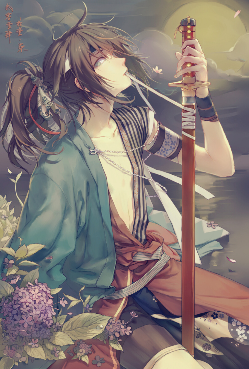 1boy aqua_eyes armband bangs between_legs brown_hair chest clouds collarbone cowboy_shot dew_drop erjiu floral_print flower forehead_protector from_side full_moon hair_ribbon haori high_ponytail highres holding holding_sword holding_weapon japanese_clothes kimono long_hair long_sleeves looking_at_viewer loose_clothes male_focus messy_hair moon mouth_hold night night_sky off_shoulder okita_souji_(wasurenagusa) petals pink_flower purple_flower reflection ribbon ribbon_in_mouth sash shinsengumi shinsengumi_mokuhiroku_wasurenagusa short_sleeves sitting sky solo striped sword vertical_stripes wasurenagusa_(rejet) water water_drop weapon white_ribbon wide_sleeves wristband