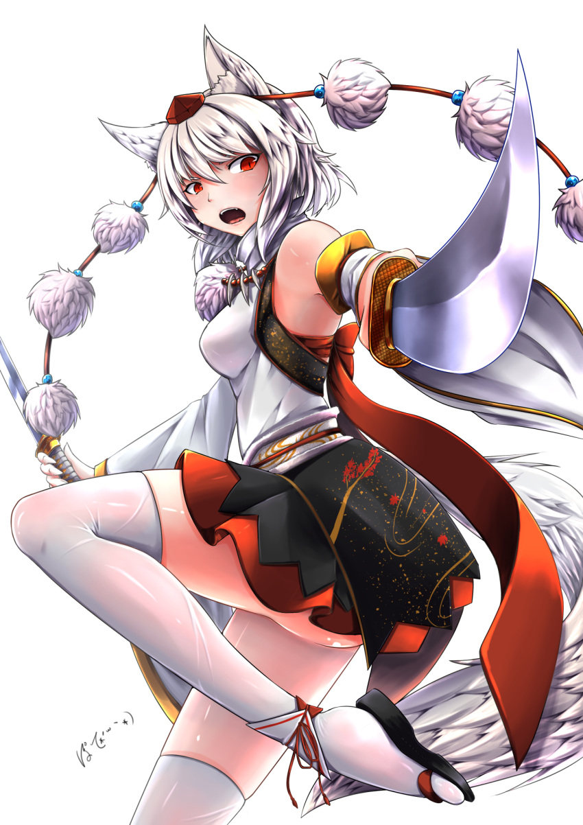 1girl animal_ears bare_shoulders breasts detached_sleeves dual_wielding embellished_costume fangs foreshortening from_side hat highres holding holding_sword holding_weapon inubashiri_momiji inyuppo jewelry katana leg_up looking_at_viewer looking_to_the_side medium_breasts necklace open_mouth pointing pointing_at_viewer pom_pom_(clothes) red_eyes sandals silver_hair skirt slit_pupils solo sword tail teeth thigh-highs tokin_hat touhou weapon white_background white_legwear wolf_ears wolf_girl wolf_tail