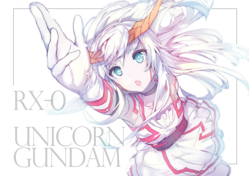 1girl :o absurdres akieda belt character_name dress english green_eyes gundam gundam_unicorn highres horns long_hair mecha_musume reaching unicorn_gundam white_dress white_hair