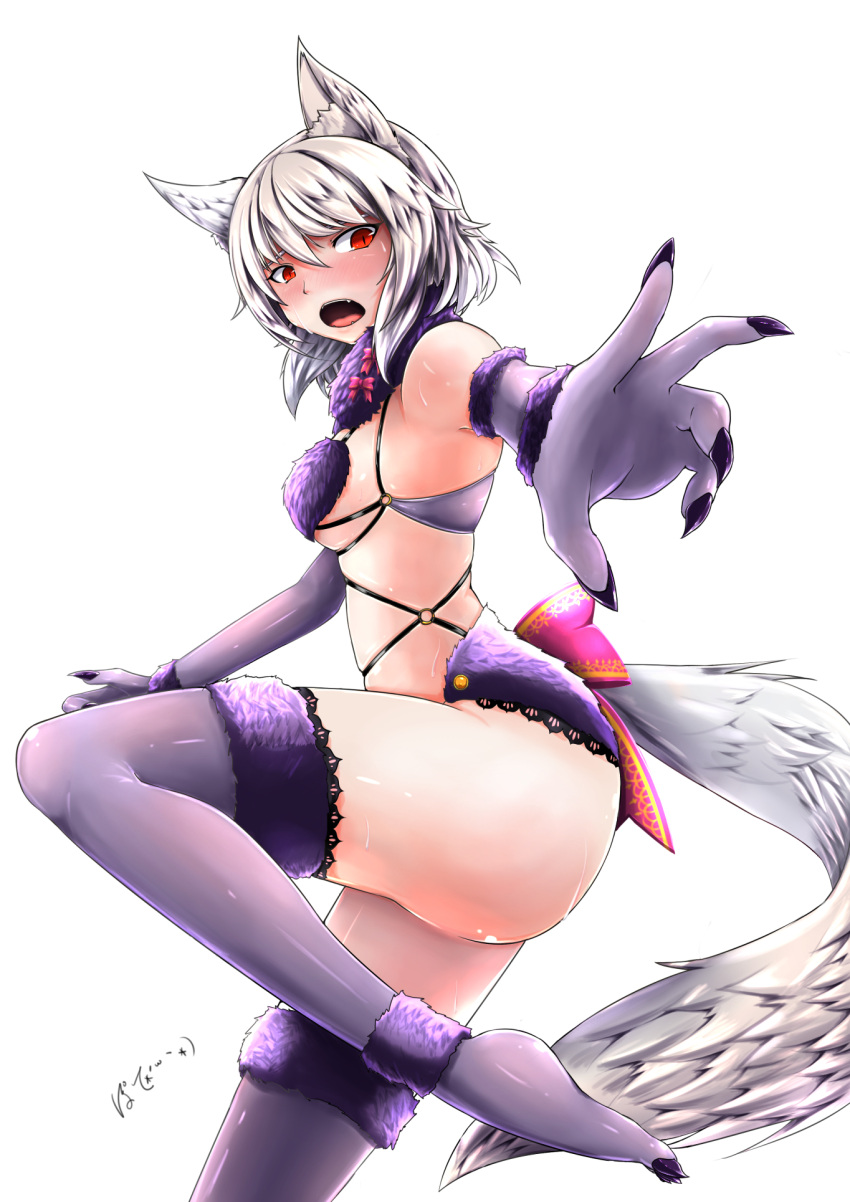 1girl animal_ears armpits bare_shoulders black_nails blush breasts claws cosplay elbow_gloves embarrassed fangs fate/grand_order fate_(series) foreshortening from_side fur fur_trim gloves halloween_costume highres inubashiri_momiji inyuppo lace lace-trimmed_thighhighs leg_up looking_at_viewer looking_to_the_side medium_breasts nail_polish open_mouth purple_gloves purple_legwear reaching_out red_eyes revealing_clothes shielder_(fate/grand_order) short_hair silver_hair slit_pupil solo tail thigh-highs touhou white_background wolf_ears wolf_girl wolf_tail