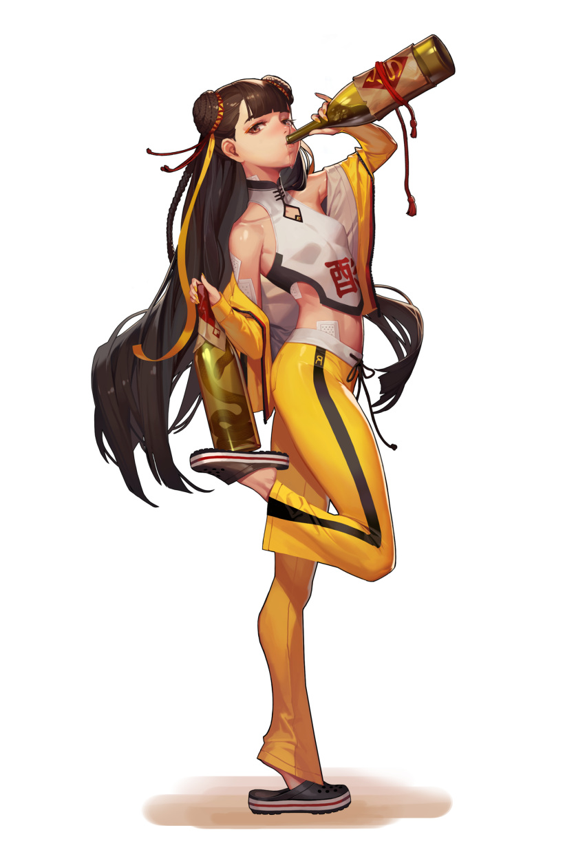 1girl bangs bare_shoulders black_survival bottle brown_eyes brown_hair bruce_lee's_jumpsuit crocs double_bun drinking from_side hair_ribbon highres jacket jumpsuit long_hair looking_at_viewer midriff official_art one_touch open_clothes open_jacket ribbon sake_bottle slippers snake solo spilling standing standing_on_one_leg tape tiptoes turtleneck very_long_hair white_background