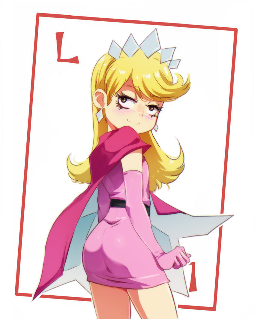 1girl ass blonde_hair blush brown_eyes dress earrings elbow_gloves gloves highres jcm2 jewelry lola_loud long_hair looking_at_viewer looking_back pink_cape pink_dress pink_gloves smile solo the_loud_house tiara