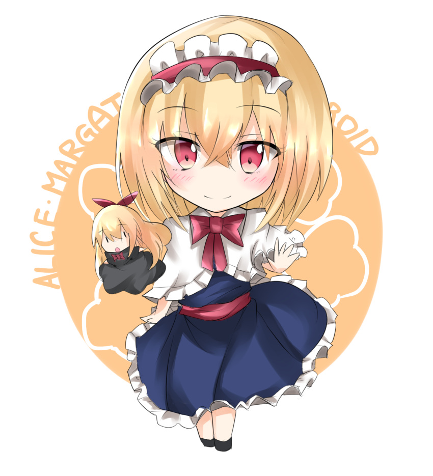 1girl alice_margatroid blonde_hair blue_dress blush capelet character_doll character_name commentary_request deformed dress eyebrows eyebrows_visible_through_hair hairband highres lolita_hairband red_eyes sash short_hair solo touhou yuki_(snowmaiden)