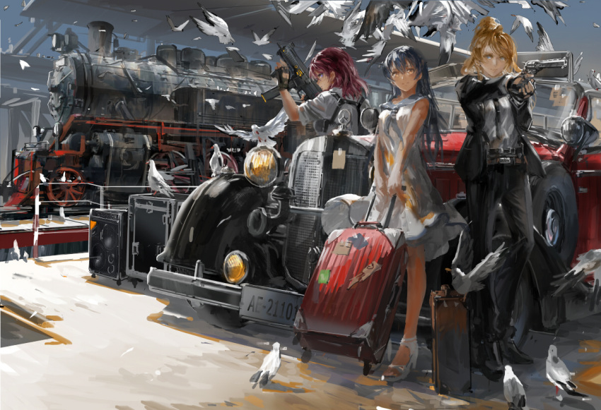 1girl 3girls aiming belt bird blonde_hair blue_eyes blue_hair car fingerless_gloves flying formal gloves ground_vehicle gun handgun high_heels locomotive long_hair machine_gun mercedes_benz motor_vehicle multiple_girls necktie platform ponytail redhead revolver sailor_collar smile solo stu_dts suitcase train trigger_discipline weapon