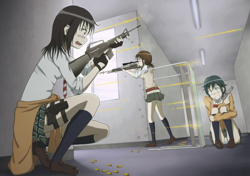 3girls assault_rifle black_hair blue_legwear bow bowtie brown_hair bullet_hole cardigan clothes_around_waist coppelion cowering desk dondurma dutch_angle fingerless_gloves firefight firing fukasaku_aoi full_body glasses_on_head gloves green_hair gun hallway handgun holster indoors kneehighs kneeling loafers m16 m21 miniskirt multiple_girls naruse_ibara necktie nomura_taeko panties pantyshot perspective plaid plaid_skirt pleated_skirt red_bow red_bowtie rifle scared school school_desk school_uniform shell_casing shirt shoes short_hair short_ponytail skirt sleeves_rolled_up standing striped striped_necktie sweater_around_waist sweater_vest thigh_holster trigger_discipline underwear weapon white_panties white_shirt window