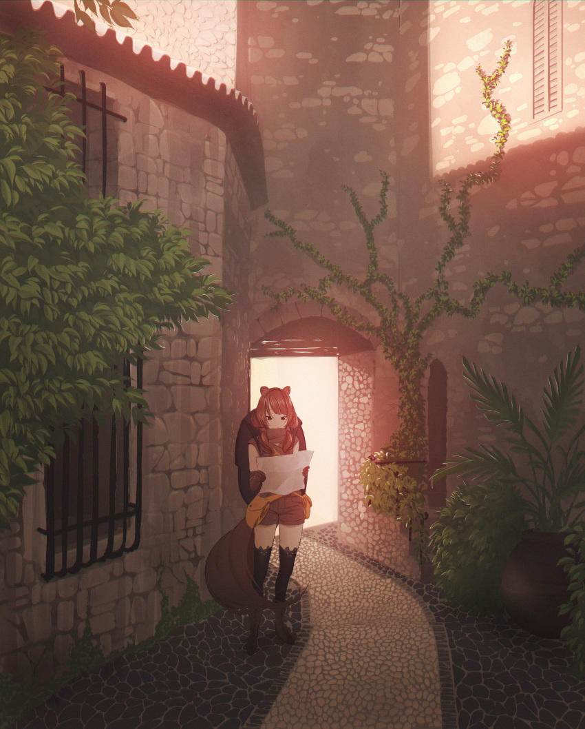 1girl aconitea animal_ears arch building cat_band_legwear evening fake_animal_ears highres holding leaf map original outdoors plant reading shorts solo standing tail thigh-highs twintails vines zettai_ryouiki