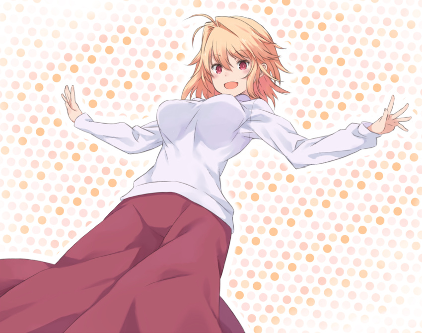 1girl :d antenna_hair arcueid_brunestud auru_t blonde_hair blush breasts cowboy_shot eyebrows eyebrows_visible_through_hair hair_intakes long_skirt long_sleeves looking_at_viewer medium_breasts open_mouth outstretched_arms polka_dot polka_dot_background purple_skirt red_eyes short_hair sidelocks skirt smile solo spread_arms tsukihime turtleneck