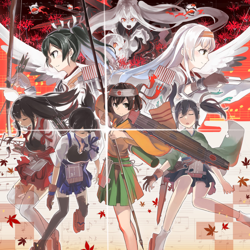 6+girls aircraft_carrier_hime akagi_(kantai_collection) arrow black_hair black_legwear blue_skirt bow breasts brown_eyes brown_hair cleavage closed_eyes collarbone enemy_aircraft_(kantai_collection) flight_deck glowing glowing_eyes green_skirt grey_hair hair_between_eyes headband highres hiryuu_(kantai_collection) horns kaga_(kantai_collection) kantai_collection large_breasts long_hair long_sleeves looking_at_viewer multiple_girls northern_ocean_hime open_mouth pale_skin quiver red_eyes red_skirt remodel_(kantai_collection) shinkansen shoukaku_(kantai_collection) side_ponytail silver_hair skirt socks souryuu_(kantai_collection) sugue_304 thigh-highs torn_clothes turret twintails very_long_hair white_hair white_legwear wide_sleeves zuikaku_(kantai_collection)