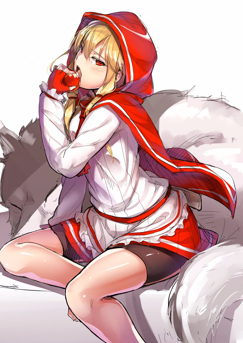 1girl absurdres apple big_bad_wolf_(grimm) bike_shorts blon blonde_hair cloak eating food from_side fruit grimm's_fairy_tales hair_ribbon highres little_red_riding_hood little_red_riding_hood_(grimm) long_sleeves looking_at_viewer looking_to_the_side neropaso open_mouth red_eyes red_hood red_ribbon red_skirt ribbed_shirt ribbon shirt shorts_under_skirt sitting skirt tress_ribbon white_background white_shirt wolf