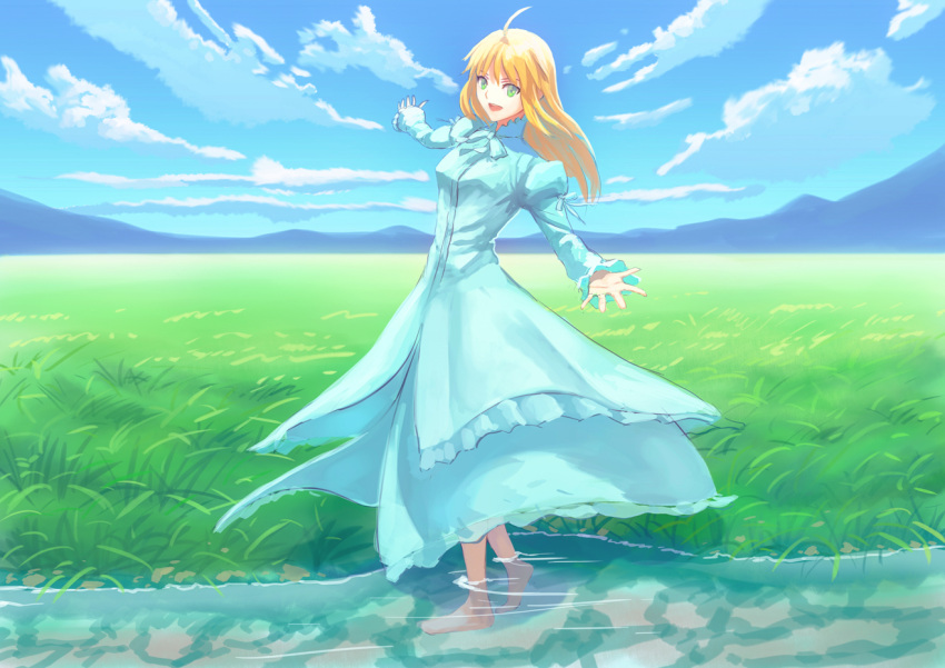 1girl ahoge alternate_costume blue_sky clouds fate/stay_night fate_(series) fateline_alpha grass green_eyes long_hair outstretched_arms saber sky solo spread_arms stream wading