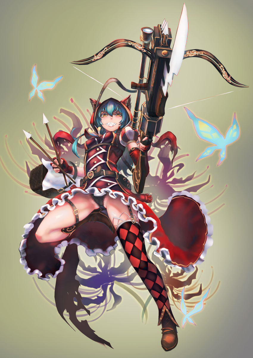 1girl absurdres animal_ears argyle argyle_legwear arrow ass_visible_through_thighs bayonet belt black_panties blue_hair boots bow_(weapon) breasts brown_boots chiwa_(tsugumisky) crossbow elbow_gloves fingerless_gloves floral_background flower full_body gloves heart high_heels highres holding hood leg_up medium_breasts mismatched_gloves original panties parted_lips puffy_short_sleeves puffy_sleeves scope sharp_teeth short_sleeves single_thighhigh spider_lily spread_legs squinting teeth thigh-highs thigh_strap underwear weapon yellow_eyes