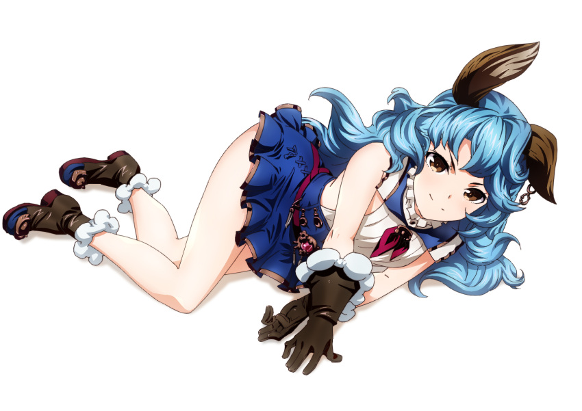 1girl animal_ears blue_hair blush boots breasts brown_eyes cwind earrings erun_(granblue_fantasy) ferry_(granblue_fantasy) gloves granblue_fantasy highres jewelry long_hair looking_at_viewer lying on_side rabbit_ears skirt smile solo yellow_eyes