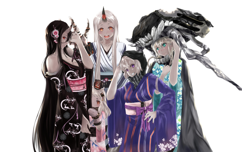 5girls :d absurdres alternate_costume aqua_eyes battleship_hime black_hair breasts claws cleavage clouds enemy_aircraft_(kantai_collection) grin hair_ornament hand_on_hip headgear height_difference highres horns japanese_clothes kantai_collection kimono long_hair mittens multiple_girls nodokana_yuki northern_ocean_hime open_mouth orange_eyes peeking_out re-class_battleship red_eyes salute scarf seaport_hime shinkaisei-kan short_hair silver_hair simple_background size_difference sky smile violet_eyes white_background white_skin wo-class_aircraft_carrier yukata