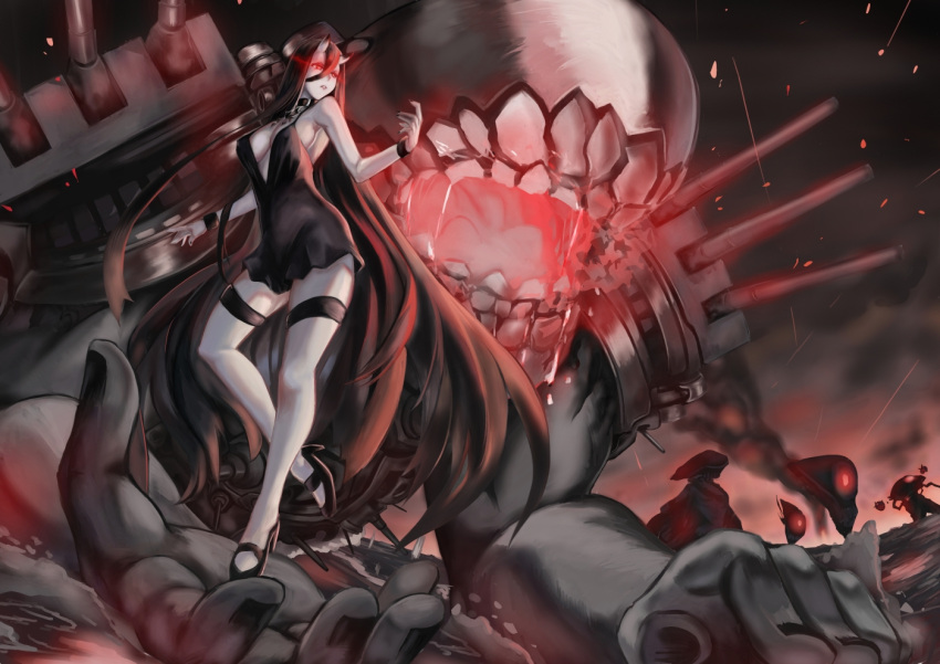 1girl armband battleship_hime black_dress black_shoes breasts chiwa_(tsugumisky) cleavage collar dress glowing glowing_eyes hair_between_eyes high_heels horns kantai_collection long_hair medium_breasts oni_horns open_mouth outdoors parted_lips red_eyes shinkaisei-kan shoes short_dress sleeveless sleeveless_dress smoke standing standing_on_one_leg teeth thigh_strap very_long_hair water white_skin