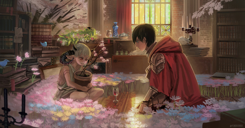 1boy androgynous arizuka_(13033303) armor black_hair blue_eyes book bookshelf cape child cup drinking_glass fangs flower highres hood horns original plant pointy_ears potted_plant red_eyes short_hair sitting smile tree white_hair window wine_glass
