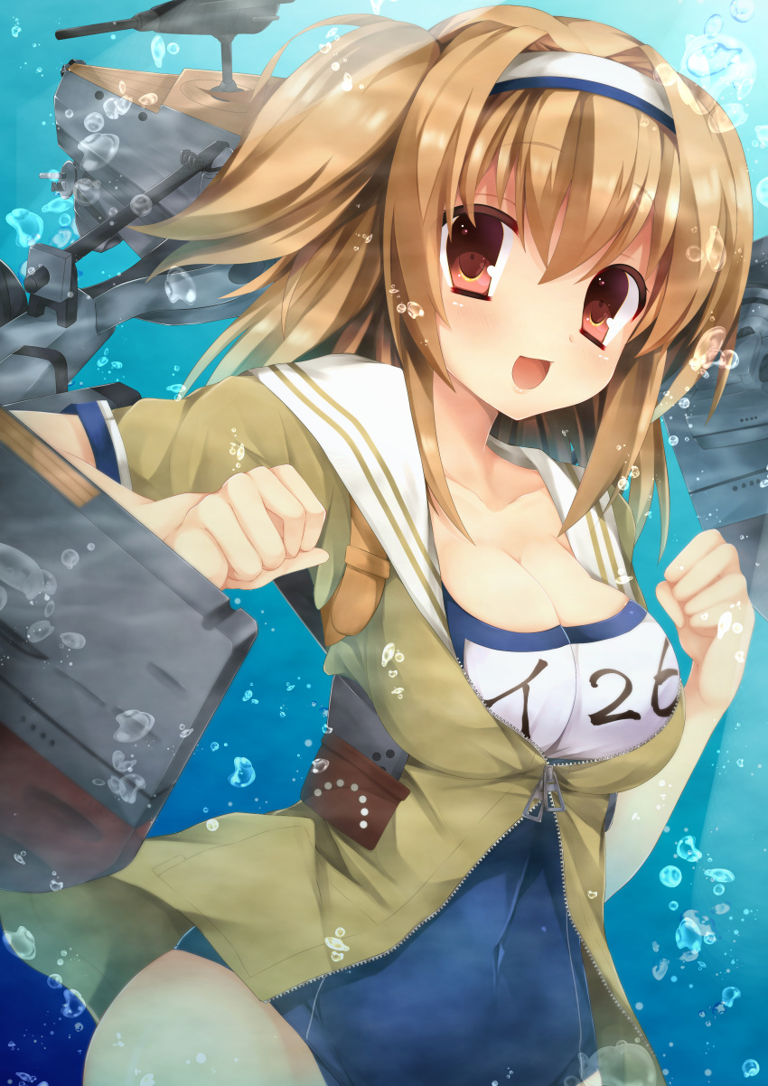 1girl :d absurdres breasts clothes_writing hairband highres i-26_(kantai_collection) kantai_collection kinosaki_yuuta large_breasts light_brown_eyes light_brown_hair long_hair looking_at_viewer mecha_musume name_tag new_school_swimsuit open_clothes open_mouth sailor_collar school_swimsuit short_sleeves smile solo swimsuit swimsuit_under_clothes two-tone_hairband two_side_up underwater