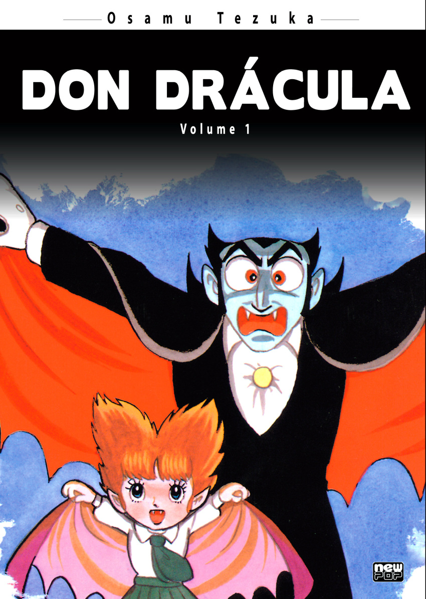 70s absurdres black_hair cape child chocola comic don_dracula don_dracula_(character) english family fangs father_and_daughter flying gloves highres looking_at_viewer manga_cover necktie official_art oldschool orange_hair red_eyes scan school_uniform sideburns skirt spiky_hair tezuka_osamu traditional_media translated uniform vampire