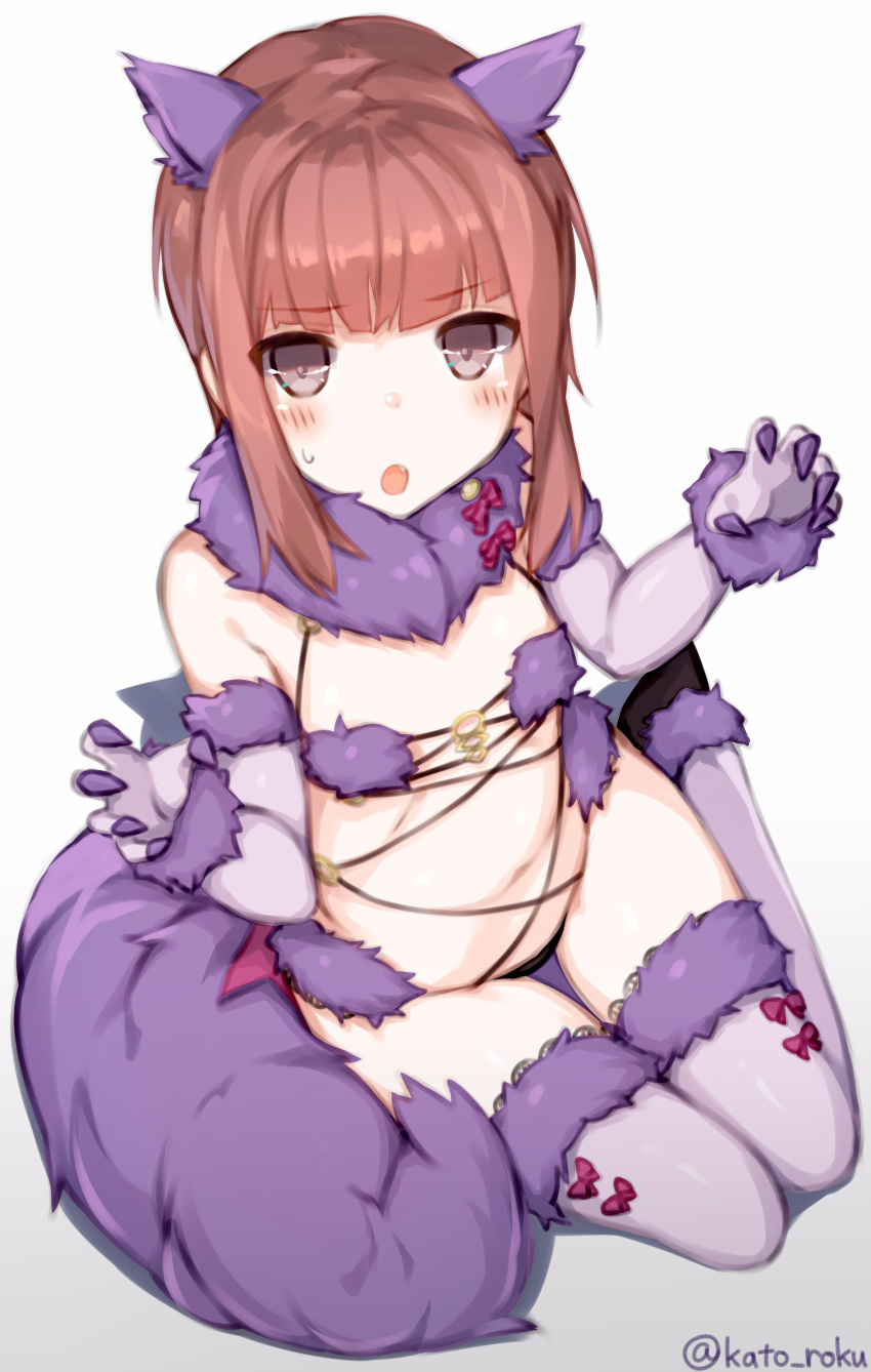 1girl absurdres animal_ears blush bow breasts brown_eyes brown_hair character_request claw_pose elbow_gloves eyebrows eyebrows_visible_through_hair fang fate/grand_order fate_(series) flat_chest fur_trim gloves gradient gradient_background grey_background halloween_costume highres katoroku looking_at_viewer open_mouth purple_gloves purple_legwear shielder_(fate/grand_order) shielder_(fate/grand_order)_(cosplay) short_hair sidelocks simple_background sitting solo tail thigh-highs twitter_username wolf_ears wolf_tail yokozuwari
