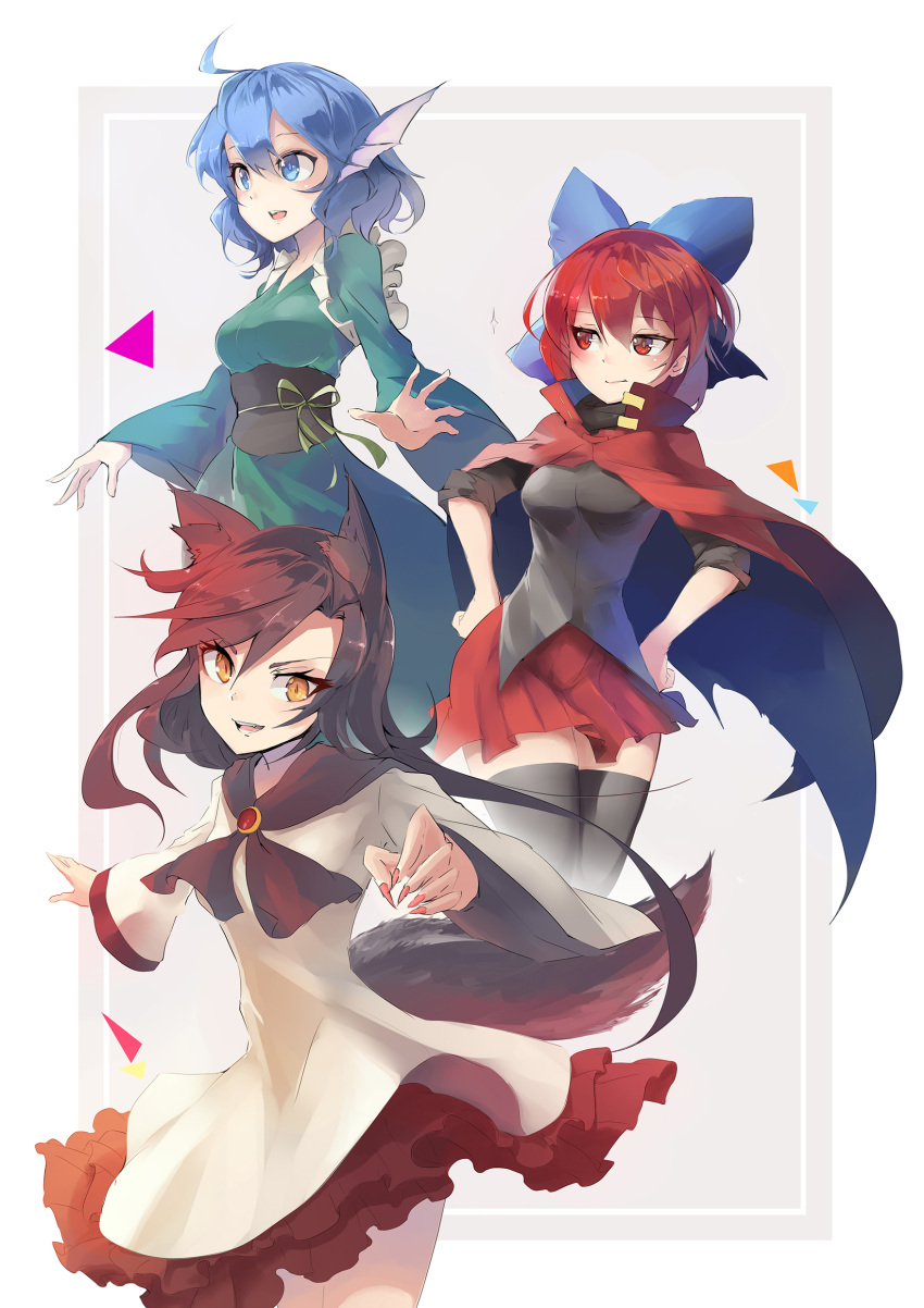 3girls :d absurdres animal_ears blue_eyes blue_hair brown_hair cape clear_echoes dress frilled_dress frills hands_on_hips head_fins highres imaizumi_kagerou japanese_clothes kimono long_hair multiple_girls nail_polish open_mouth red_eyes red_nails redhead sash sekibanki shirt short_hair skirt smile tail thigh-highs touhou wakasagihime wolf_ears wolf_tail yellow_eyes zettai_ryouiki