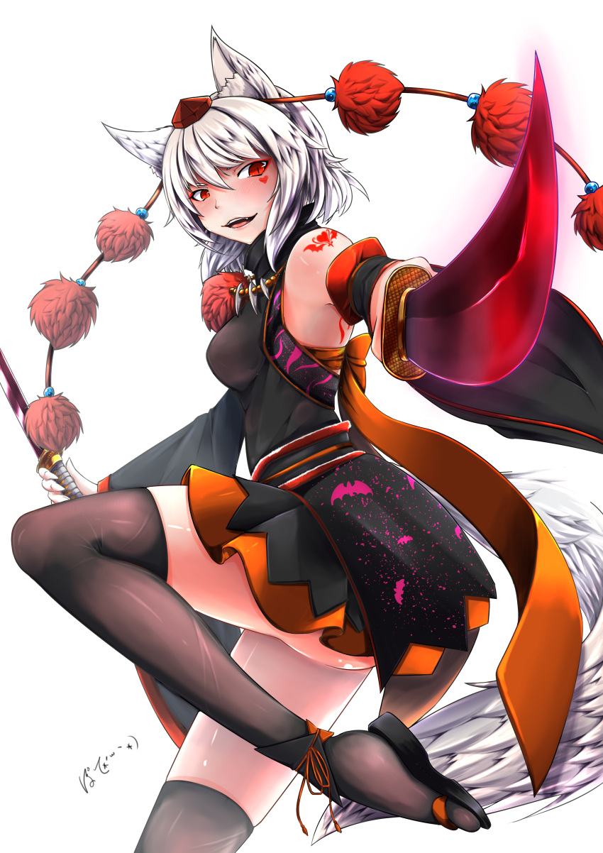 1girl :d absurdres alternate_color animal_ears bare_shoulders bat_print black_legwear breasts detached_sleeves dual_wielding embellished_costume fangs foreshortening from_side hat heart_tattoo highres holding holding_sword holding_weapon inubashiri_momiji inyuppo jewelry katana leg_up looking_at_viewer looking_to_the_side medium_breasts necklace open_mouth pointing pointing_at_viewer pom_pom_(clothes) red_eyes sandals silver_hair skirt slit_pupils smile solo sword tail tattoo teeth thigh-highs tokin_hat touhou weapon white_background wolf_ears wolf_girl wolf_tail