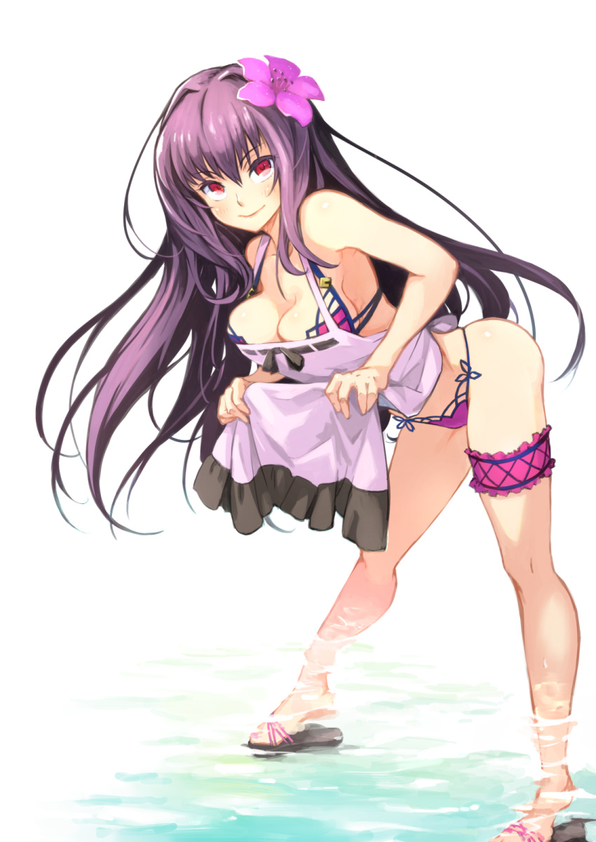 1girl apron apron_lift bikini blush breasts cleavage fate/grand_order fate_(series) flower hair_flower hair_ornament highres large_breasts leaning_forward leg_garter long_hair looking_at_viewer purple_hair red_eyes sandals scathach_(fate/grand_order) scathach_(swimsuit_assassin)_(fate) smile soaking_feet solo swimsuit water yunar