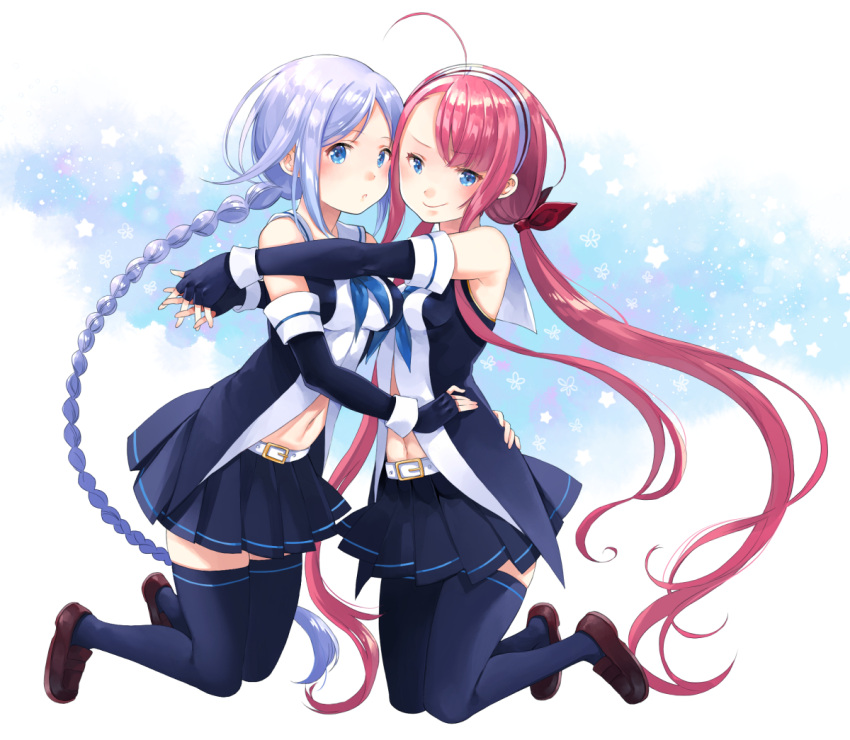 2girls asymmetrical_bangs bangs belt black_gloves black_legwear black_skirt blue_eyes braid collared_shirt elbow_gloves fingerless_gloves fumako gloves hair_ribbon hairband kantai_collection kawakaze_(kantai_collection) kneeling long_hair low_twintails multiple_girls neckerchief pleated_skirt redhead ribbon school_uniform serafuku shirt sidelocks silver_hair single_braid skirt sleeveless sleeveless_shirt smile sukeban thigh-highs twintails umikaze_(kantai_collection) very_long_hair