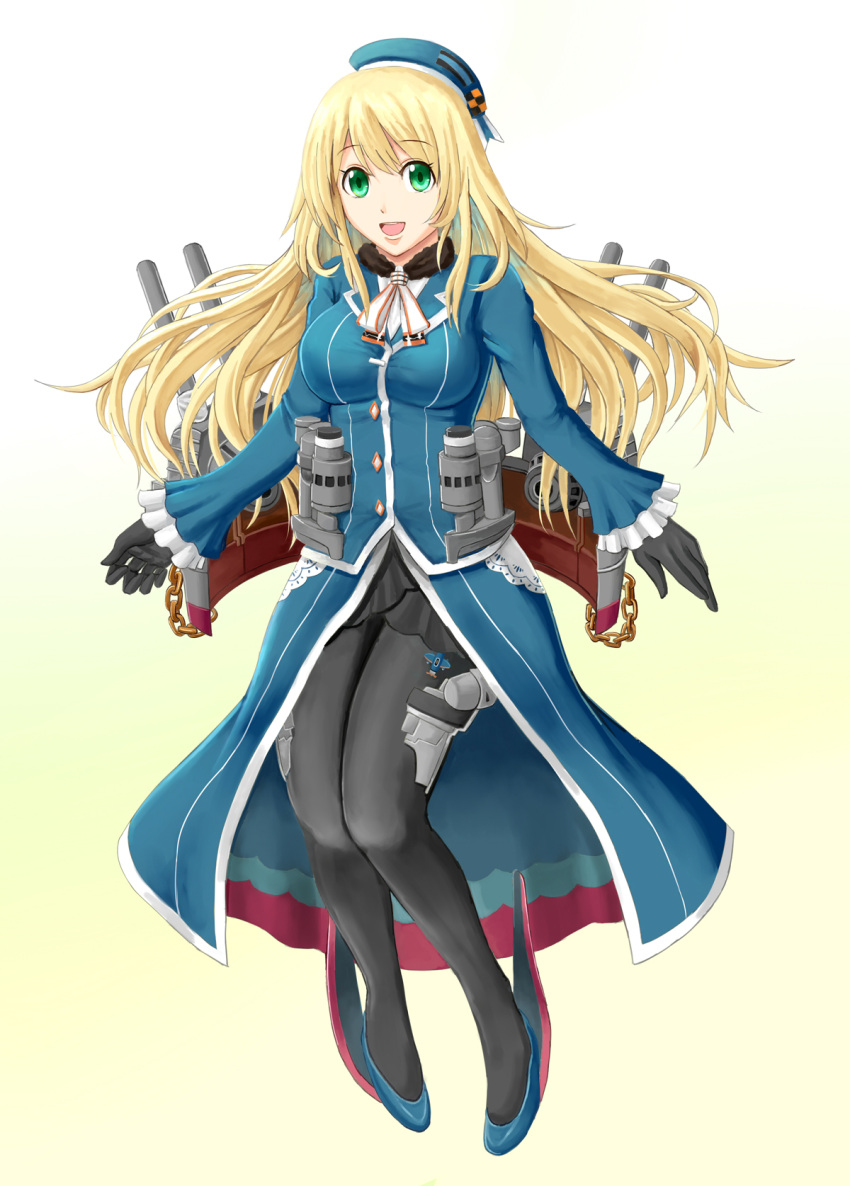atago_(kantai_collection) beret black_gloves blonde_hair breasts cannon full_body gloves green_eyes hat highres jacket kantai_collection large_breasts long_hair long_sleeves looking_at_viewer machinery military military_uniform open_mouth pantyhose pazuzu438 smile turret uniform