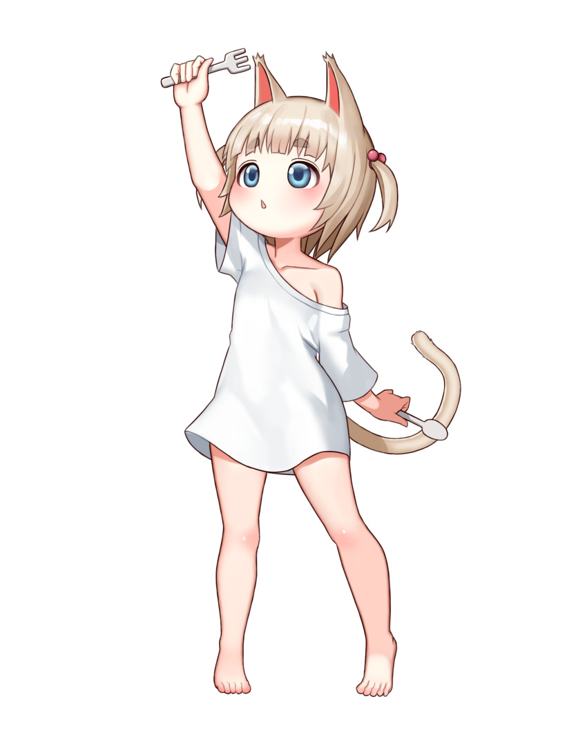 1girl absurdres animal_ears arm_up bangs bare_legs blonde_hair blue_eyes blunt_bangs cat_ears cat_tail chestnut_mouth child collarbone eyebrows eyebrows_visible_through_hair flat_chest fork hair_bobbles hair_ornament highres kim_nico no_pants off_shoulder original oversized_clothes oversized_shirt pigeon-toed shiny shiny_hair shirt short_hair short_twintails simple_background solo spoon t-shirt tail tareme tiptoes twintails white_background
