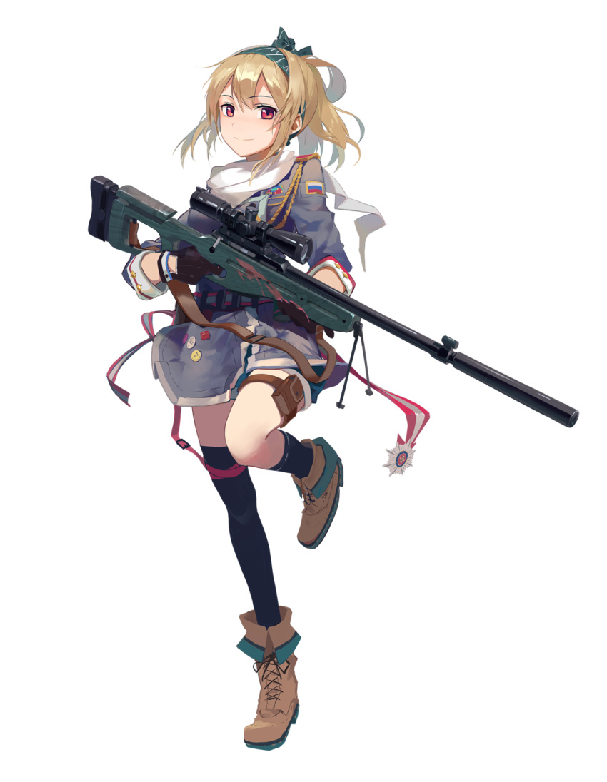 1girl aiguillette belt black_legwear blonde_hair boots bow girls_frontline gloves hair_bow hairband highres holster huanxiang_heitu medal official_art red_eyes russian_flag scarf shorts single_thighhigh sitting smile solo sv-98 sv-98_(girls_frontline) tagme thigh-highs thigh_holster transparent_background