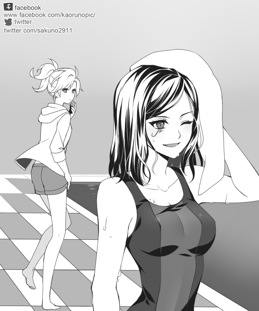 2girls atobesakunolove bangs bare_shoulders barefoot breasts checkered checkered_floor collarbone eye_of_horus eyebrows facebook_username facial_mark facial_tattoo full_body greyscale hand_on_hip hand_up highres hood hood_down hooded_jacket jacket medium_breasts mercy_(overwatch) monochrome multiple_girls one_eye_closed open_clothes open_jacket open_mouth overwatch parted_bangs pharah_(overwatch) ponytail pool poolside shirt short_hair short_sleeves shorts sleeves_past_elbows sleeves_rolled_up smile tank_top tattoo towel towel_on_head twitter_username upper_body walking water watermark web_address wet wet_clothes wet_shirt whistle