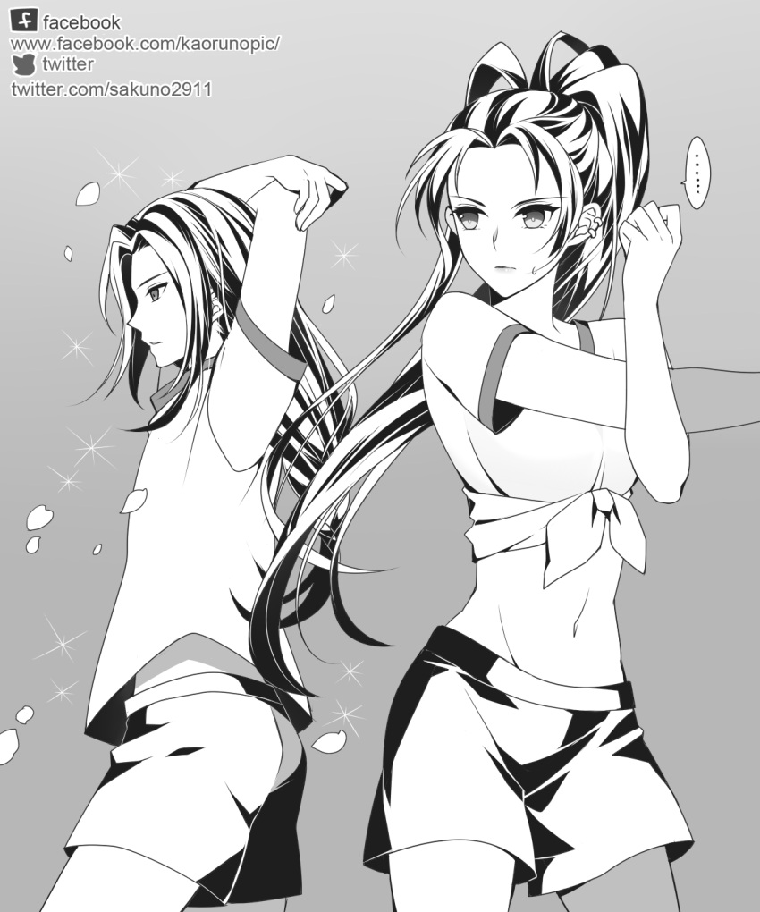 ... 1boy 1girl arms_behind_back arms_up atobesakunolove breasts closed_mouth cowboy_shot ear_piercing facebook_username front-tie_top greyscale groin gym_uniform hanzo_(overwatch) highres long_hair low-tied_long_hair monochrome navel overwatch parted_lips petals piercing ponytail shirt short_sleeves shorts sidelocks sparkle spoken_ellipsis stomach stretch sweatdrop twitter_username very_long_hair watermark web_address widowmaker_(overwatch)