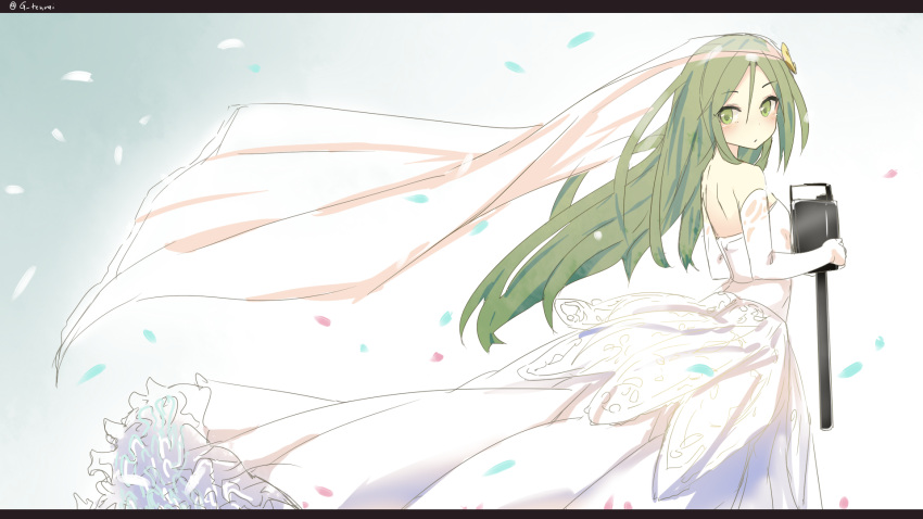 1girl bare_shoulders blush breasts bridal_veil confetti crescent crescent_hair_ornament dress elbow_gloves eyebrows eyebrows_visible_through_hair flowing_dress frilled_dress frills from_side gloves gradient gradient_background green_eyes green_hair hair_between_eyes hair_ornament heavens_thunder_(byakuya-part2) highres holding kantai_collection letterboxed long_hair looking_at_viewer looking_back nagatsuki_(kantai_collection) small_breasts solo strapless strapless_dress turret twitter_username veil very_long_hair wedding_dress white_dress white_gloves