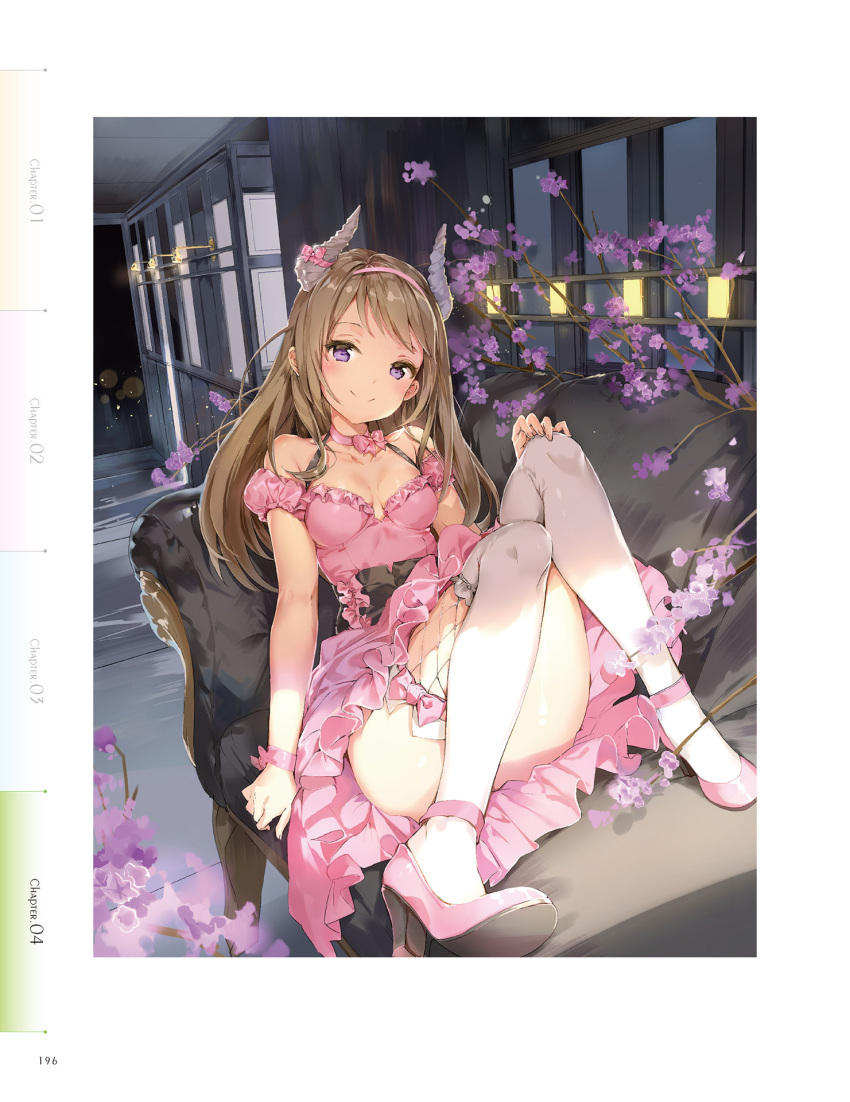 1girl anmi breasts brown_hair cleavage collarbone couch dress garters hairband hand_on_own_knee highres horns indoors long_hair looking_at_viewer original pink_dress pink_hairband pink_ribbon pink_shoes ribbon shoes sitting small_breasts smile solo thigh-highs violet_eyes white_legwear wrist_ribbon