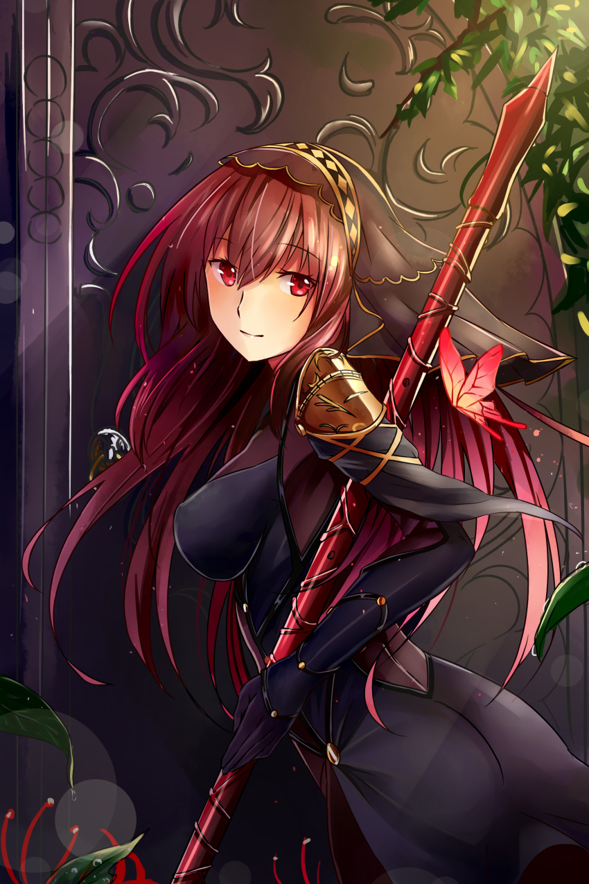 1girl absurdres ass bodysuit breasts fate/grand_order fate_(series) gae_bolg highres holding holding_weapon jeffrey10 long_hair purple_hair red_eyes scathach_(fate/grand_order) smile solo veil weapon
