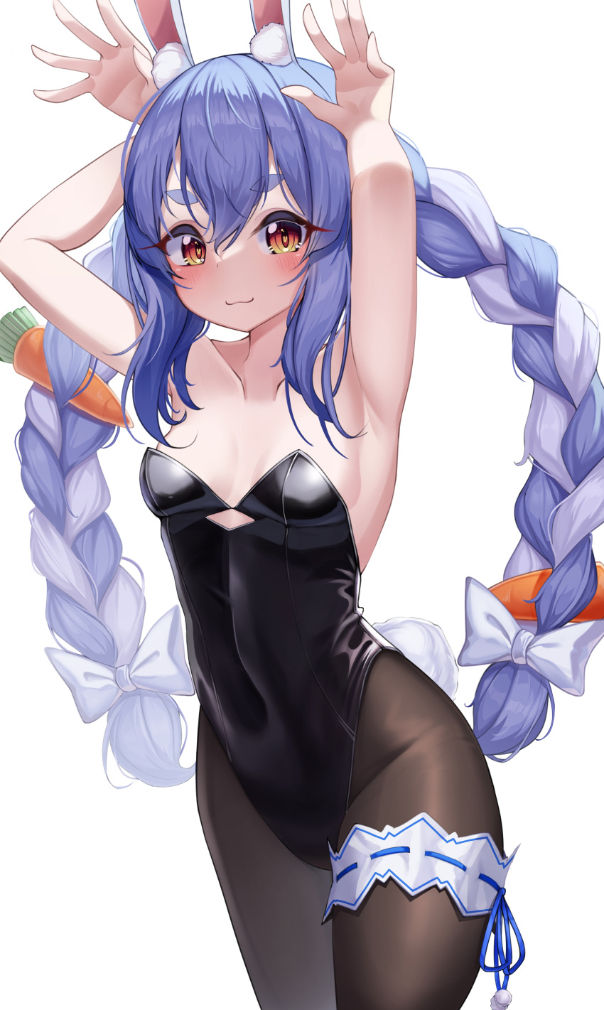 1girl :3 absurdres alternate_costume animal_ear_fluff animal_ears armpits arms_up bangs bare_arms bare_shoulders black_leotard blue_hair blush braid breasts brown_legwear carrot_hair_ornament collarbone covered_navel cowboy_shot food-themed_hair_ornament foreshortening grey_background hair_between_eyes hair_ornament hands_up highres hololive leotard long_hair looking_at_viewer multicolored_hair pantyhose playboy_bunny rabbit_ears simple_background small_breasts smile solo twin_braids two-tone_hair usada_pekora virtual_youtuber white_hair zangi_(lkt2012)