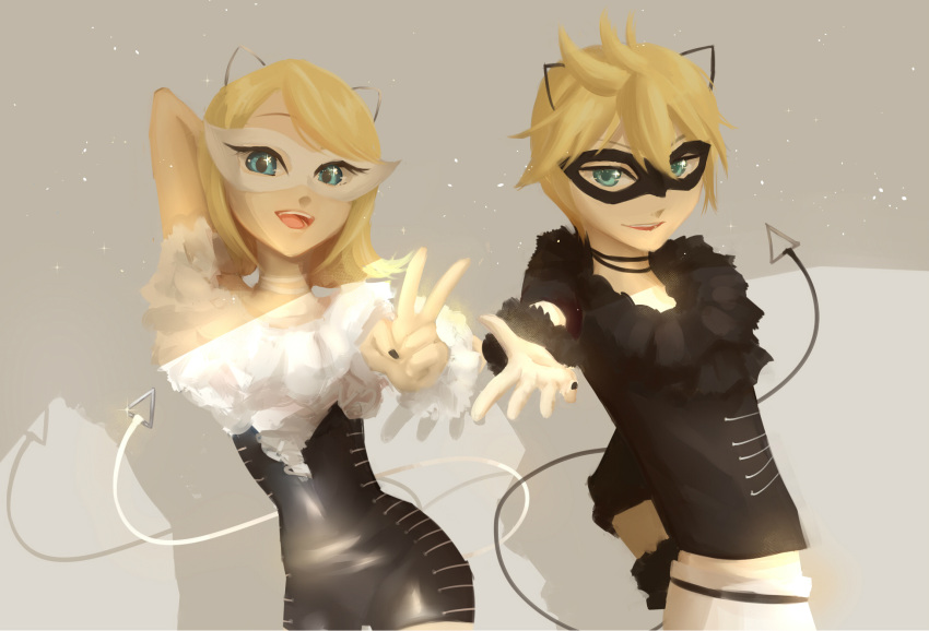 1boy 1girl animal_ears blonde_hair blue_eyes cat_ears collar eyelashes frilled_collar frilled_cuffs frills green_eyes hair_between_eyes highres kagamine_len kagamine_rin looking_at_viewer mask project_diva_(series) project_diva_x shiny shiny_hair shiny_skin siblings sparkle sparkling_eyes tail vocaloid