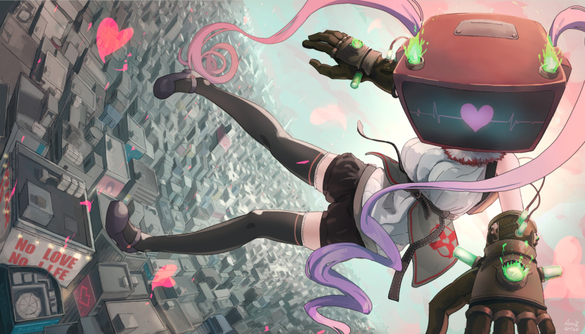 artist_name black_gloves black_legwear bloomers breasts cityscape clouds dated english from_above gloves gradient_hair grey_shirt heart long_hair mary_janes medium_breasts multicolored_hair number original pink_hair purple_hair shirt shoes sky sleeveless sleeveless_shirt solo takasugi_yasu television thigh-highs twintails underwear