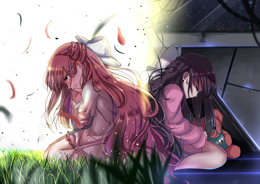 absurdres brown_hair dual_persona earrings grass hair_ribbon highres jewelry mike.zen red_eyes redhead ribbon rin_(shelter) shelter_(music_video) sitting space symmetry tears wariza younger