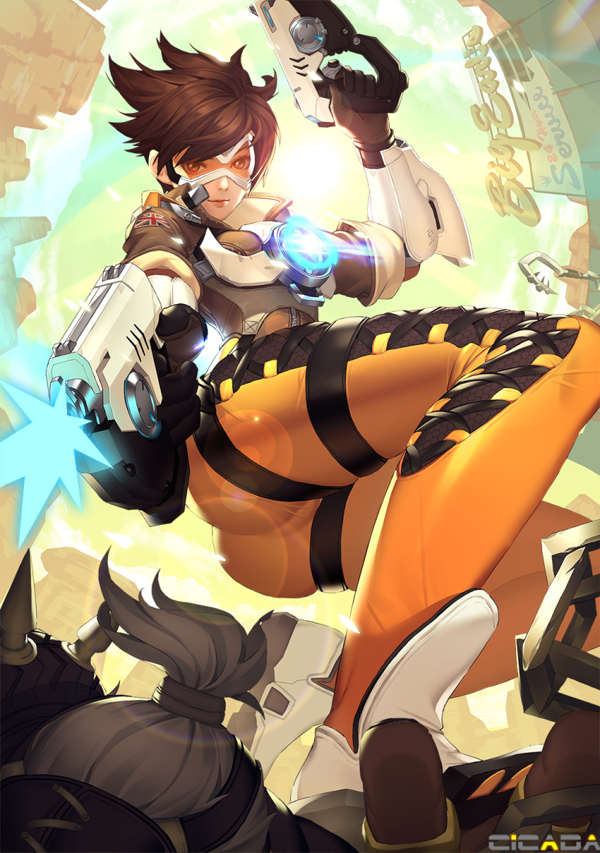 1boy 1girl aiming_at_viewer artist_name ass bangs billboard bodysuit bomber_jacket breasts brown_eyes brown_hair brown_jacket canyon chain cicada_(bloodcicada) dual_wielding finger_on_trigger firing gloves goggles green_sky gun handgun harness highres hook jacket lens_flare looking_at_viewer overwatch pistol ponytail roadhog_(overwatch) short_hair signature smile spikes spiky_hair standing_on_person sun thigh_strap tracer_(overwatch) weapon white_hair