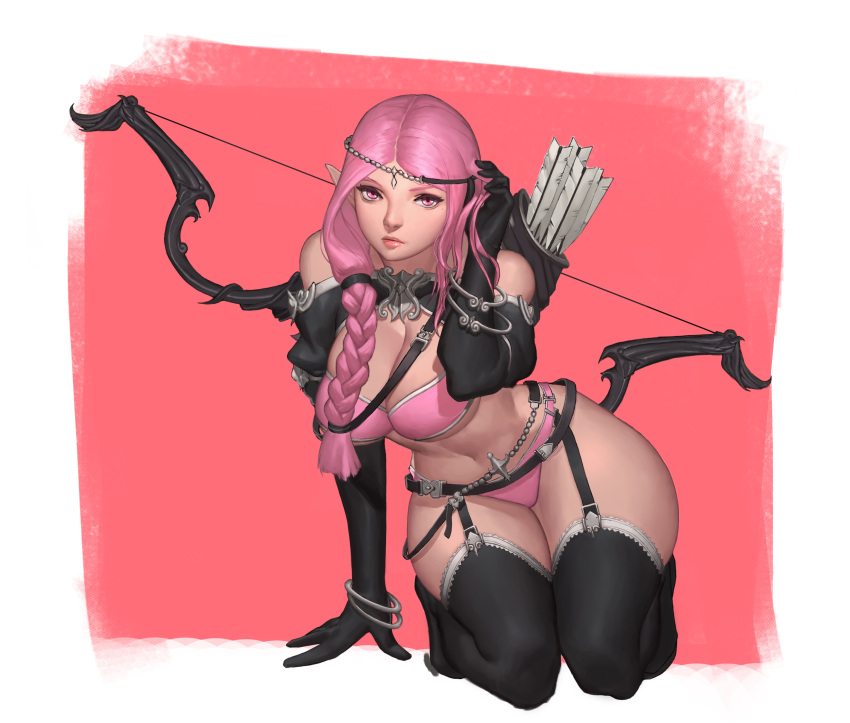 1girl absurdres archery arm_support arrow bangle bare_shoulders beads belt bikini black_boots black_gloves black_legwear boots bow bow_(weapon) bracelet braid breasts circlet cleavage closed_mouth elf eyelashes full_body garter_belt gloves hair_over_shoulder hair_tucking highres jewelry kneeling large_breasts leaning_forward leaning_to_the_side lips long_hair looking_at_viewer navel original pink_bikini pink_bow pink_eyes pink_hair pointy_ears quiver red_background seung_mo_kim single_braid solo stomach swimsuit thigh-highs thigh_boots under_boob weapon