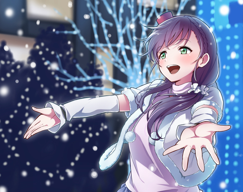 1girl absurdres black_hair green_eyes hair_ornament highres keita_(kta0) long_hair love_live! love_live!_school_idol_project open_mouth outdoors snow snow_halation solo toujou_nozomi