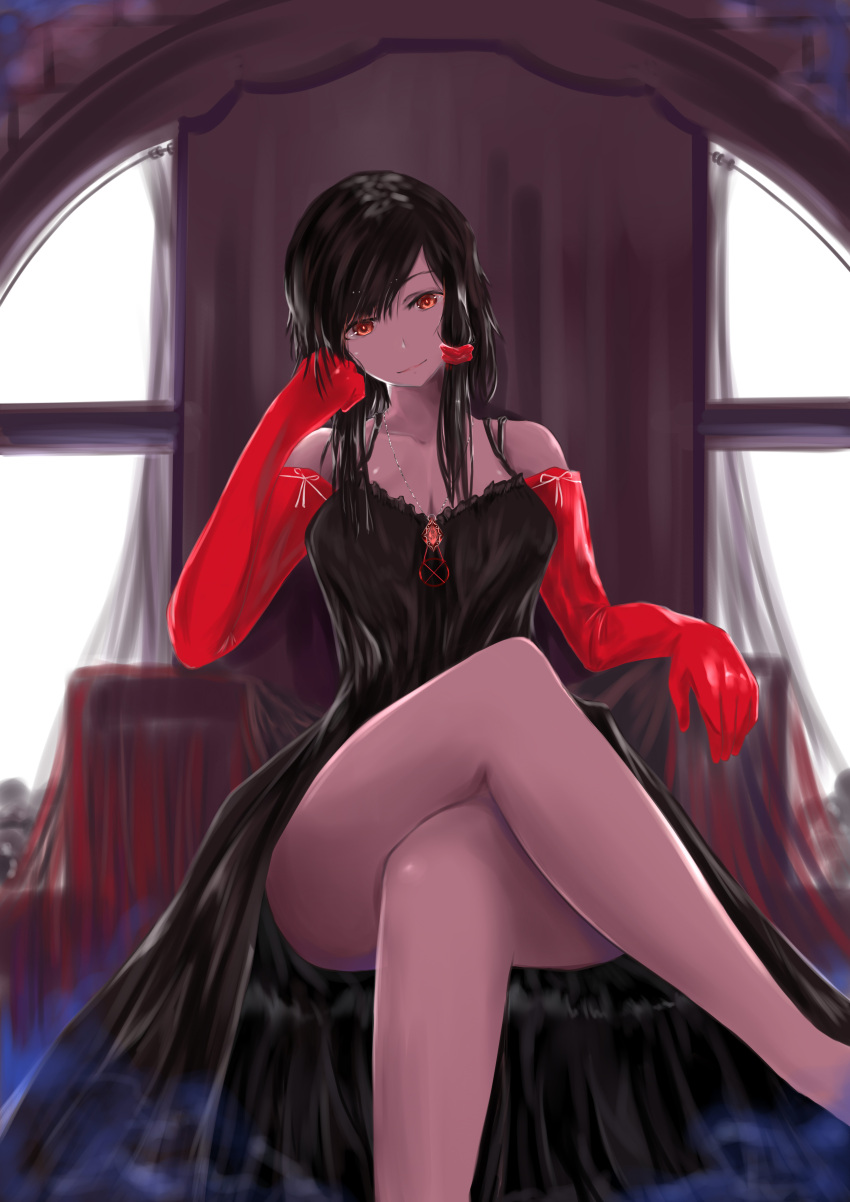 1girl absurdres black_dress black_hair breasts cleavage clenched_hand crossed_legs dress elbow_gloves gloves hair_ribbon head_rest head_tilt highres jewelry large_breasts light_smile long_hair looking_at_viewer necklace nodokana_yuki original purple_skin red_eyes red_gloves ribbon sidelocks solo spaghetti_strap throne tress_ribbon