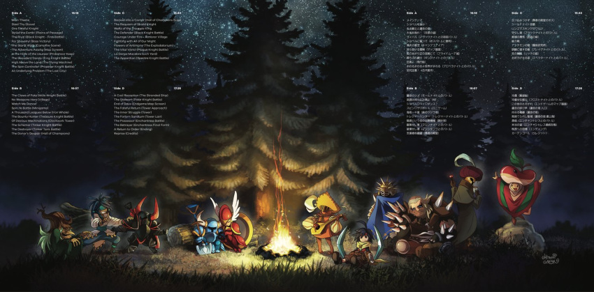 2girls 6+boys ariga_hitoshi armor black_knight_(shovel_knight) boomerang campfire cape chester_(shovel_knight) cloak credits fire forest grandma_swamp grass hat helmet holding_hands horned_helmet horns instrument log lute_(instrument) mr._hat_(shovel_knight) multiple_boys multiple_girls music nature night night_sky official_art phantom_striker_(shovel_knight) playing_instrument reize_seatlan rock shield shield_knight shovel shovel_knight shovel_knight_(character) sitting sky sleeping sleeping_on_person star_(sky) starry_sky the_bard_(shovel_knight) the_baz tree troupple_acolyte winged_helmet worktool