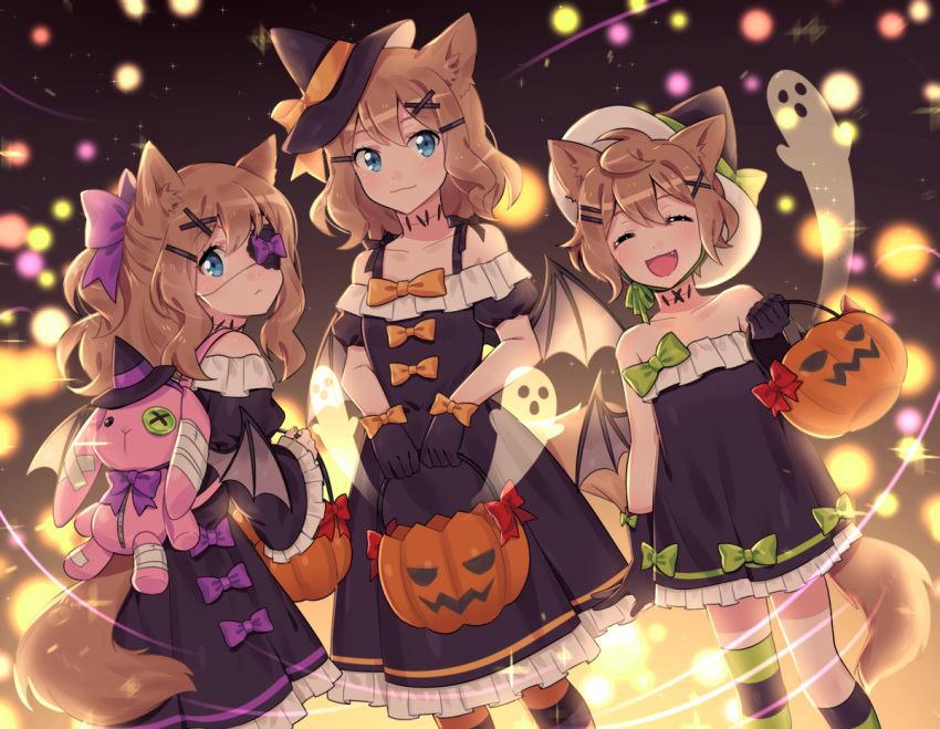 3girls animal_ears asymmetrical_legwear backpack bag bare_shoulders bat_wings black_dress black_gloves blue_eyes bow brown_hair closed_eyes collarbone dress eyepatch fang fox_ears fox_girl fox_tail frilled_dress frilled_sleeves frills ghost gloves hair_ornament hairclip halloween halloween_costume hat holding jack-o'-lantern long_sleeves looking_at_viewer looking_back multiple_girls open_mouth original ponytail puffy_short_sleeves puffy_sleeves pumpkin shiyano short_hair short_sleeves strapless strapless_dress striped striped_legwear tail thigh-highs wide_sleeves wings witch_hat x_hair_ornament