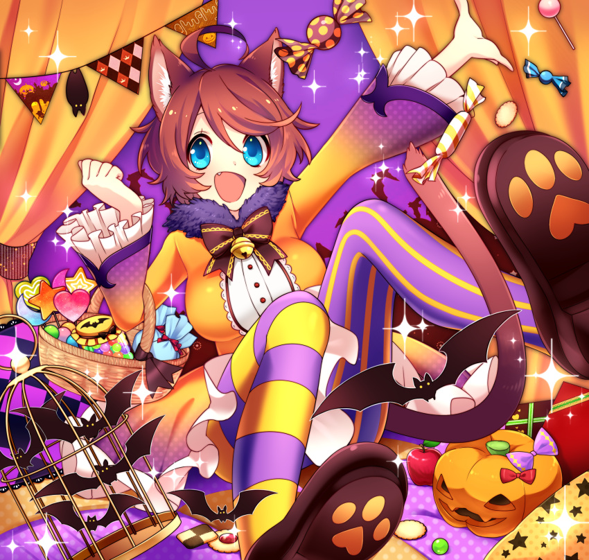 1girl :d ahoge animal_ears apple bangs basket bat bell birdcage blue_eyes blush bow bowtie breasts brown_bow brown_bowtie brown_hair brown_shoes cage candy cat_ears cat_tail clenched_hand cracker curtains dress food frilled_sleeves frills fruit hair_between_eyes halloween heart highres jack-o'-lantern jingle_bell lollipop long_sleeves medium_breasts mismatched_legwear open_mouth orange_dress original outstretched_arm paw_print sakura_chiyo_(konachi000) shoes short_hair sitting smile sparkle striped striped_legwear swept_bangs tail thigh-highs vertical-striped_legwear vertical_stripes wrapped_candy