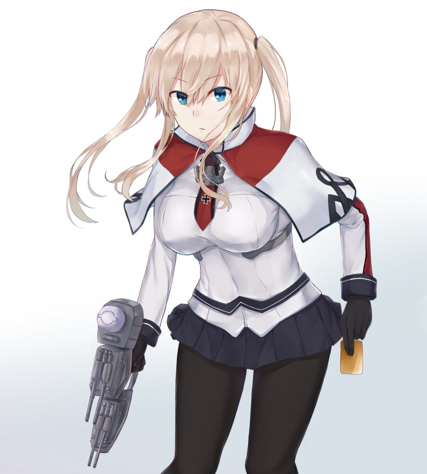 &gt;:( 1girl black_gloves black_legwear black_skirt blonde_hair blue_eyes breasts capelet closed_mouth cold_(hoshinoskull) cowboy_shot gloves graf_zeppelin_(kantai_collection) gun hair_between_eyes highres holding holding_gun holding_weapon impossible_clothes iron_cross kantai_collection large_breasts long_sleeves looking_at_viewer military military_uniform miniskirt no_hat no_headwear pantyhose pleated_skirt sidelocks skirt solo turret twintails uniform weapon