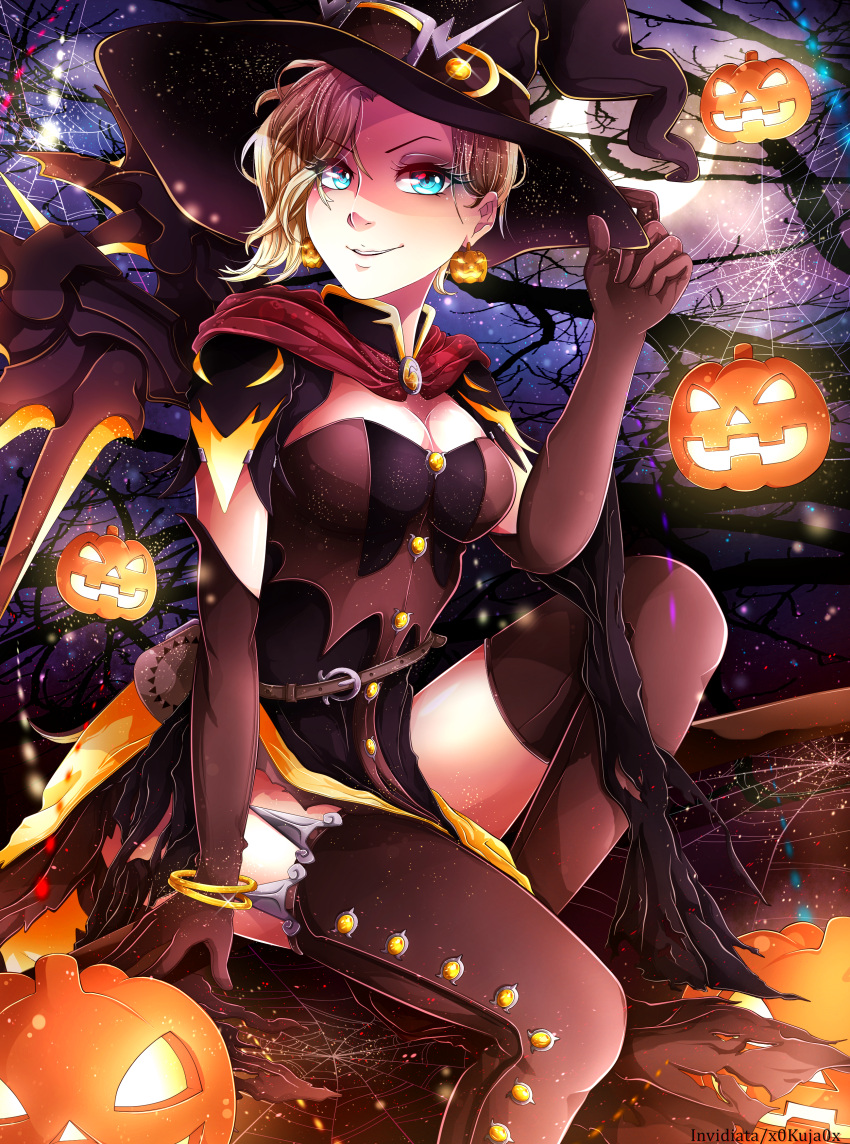 1girl absurdres alternate_costume bangle blonde_hair blue_eyes bracelet breasts cape cleavage crescent_moon earrings elbow_gloves eyelashes eyeshadow gloves halloween_costume hat highres huge_filesize invidiata jack-o'-lantern_earrings jewelry large_breasts looking_at_viewer makeup mechanical_wings mercy_(overwatch) moon overwatch parted_lips pauldrons silk sitting smile solo spider_web wings witch witch_hat witch_mercy